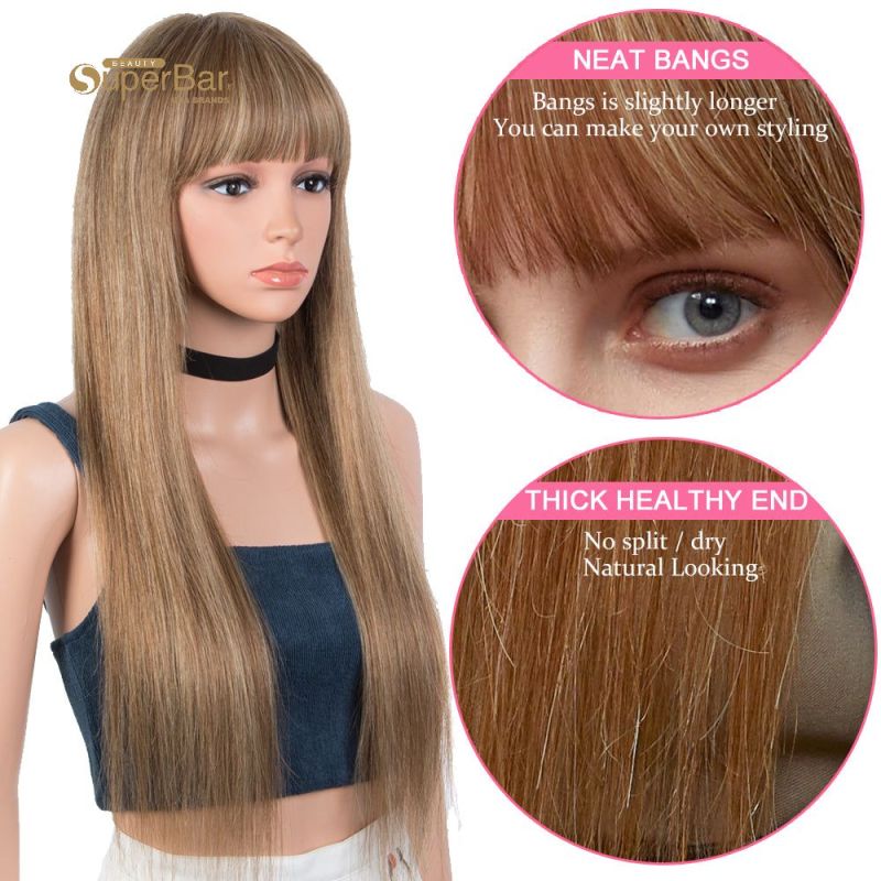 Superbar Ombre Brown Blonde Color StraightHuman Hair Wigs With Bangs For Women 150% Density