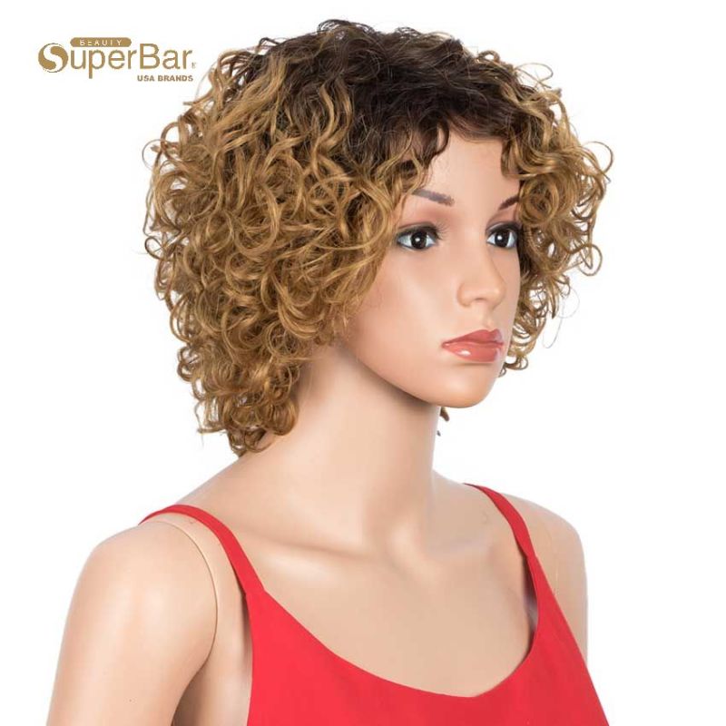 Superbar Short Bouncy Curly Wigs Human Hairfor Women Cute Human Hair Bob Wigs Ombre Burgunry blonde Wigs