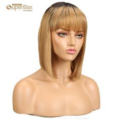 Superbar Straight Bob Human Hair Wigs With Bangs 10 inch Black to Blonde Basic Wig Ombre Color