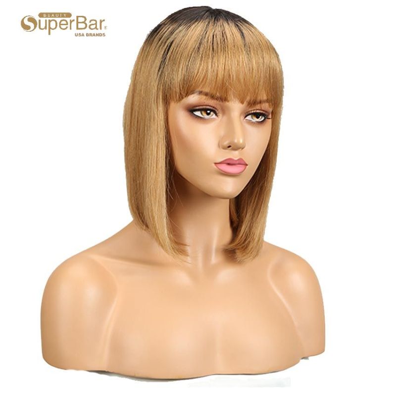 Superbar Straight Bob Human Hair Wigs With Bangs 10 inch Black to Blonde Basic Wig Ombre Color