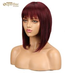 Superbar Human Hair Red Wigs 99J StraightBob Basic Cap Wigs With Bangs