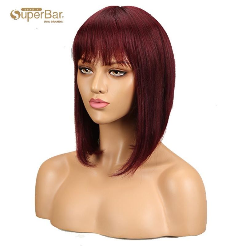 Superbar Human Hair Red Wigs 99J StraightBob Basic Cap Wigs With Bangs