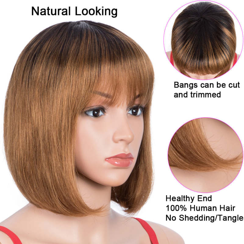 Superbar Ombre Wig Basic Cap Wig T1B/30Straight Wigs With Bangs Human Hair