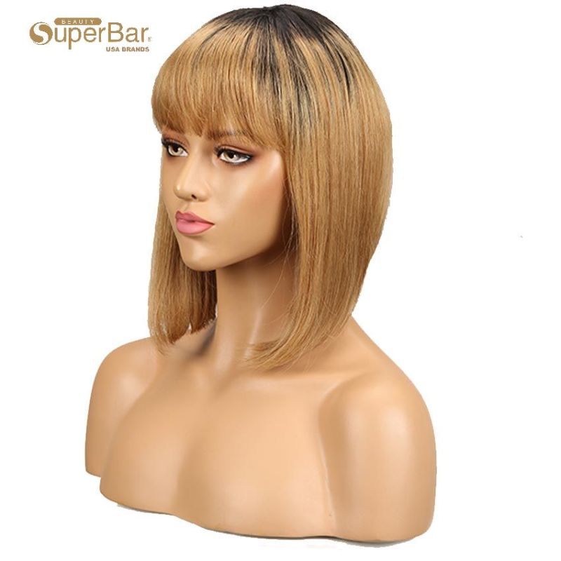 Superbar Straight Bob Human Hair Wigs With Bangs 10 inch Black to Blonde Basic Wig Ombre Color