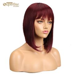 Superbar Human Hair Red Wigs 99J StraightBob Basic Cap Wigs With Bangs