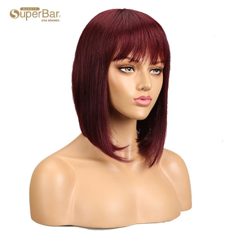 Superbar Human Hair Red Wigs 99J StraightBob Basic Cap Wigs With Bangs