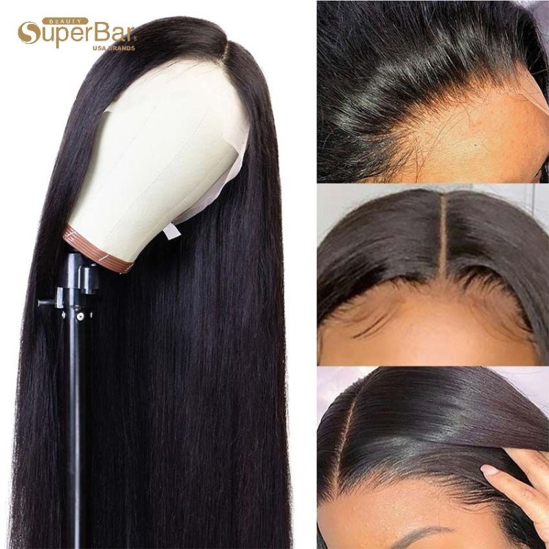Superbar 360 Lace Frontal Wigs 100% StraightHuman Hair Wigs For Black Women 130% Density Natural Black Color