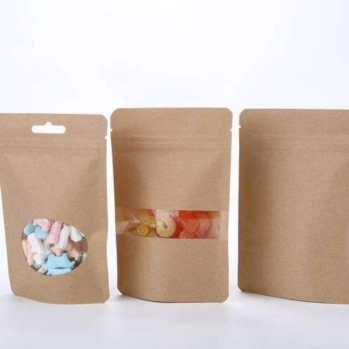 Kraft compostble pouch with rectangular window