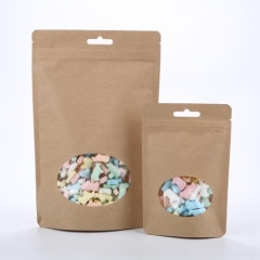 Kraft compostble pouch with oval window