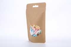 Kraft compostble pouch with oval window
