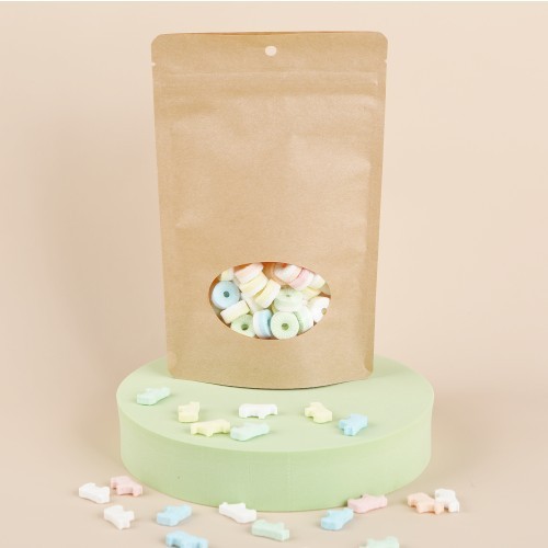 Kraft compostble pouch with oval window