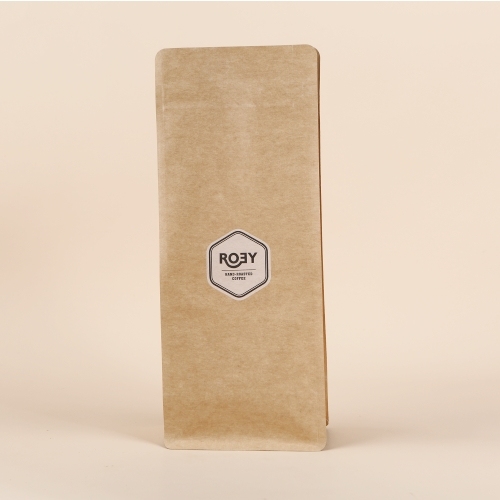 Custom Printed Flat Bottom Eight Sides Sealed Brown Kraft Paper Zipper Coffee Packaging Bags