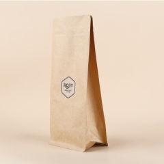 Custom Printed Flat Bottom Eight Sides Sealed Brown Kraft Paper Zipper Coffee Packaging Bags