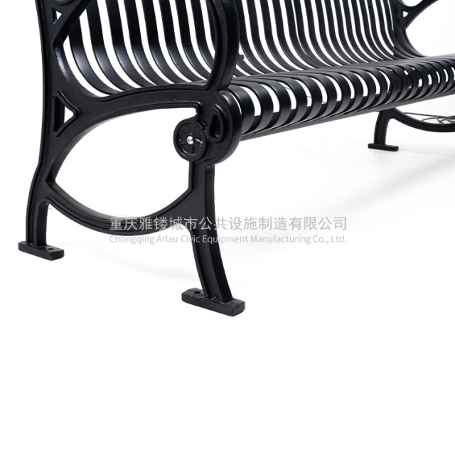 Steel park bench with cast iron legs