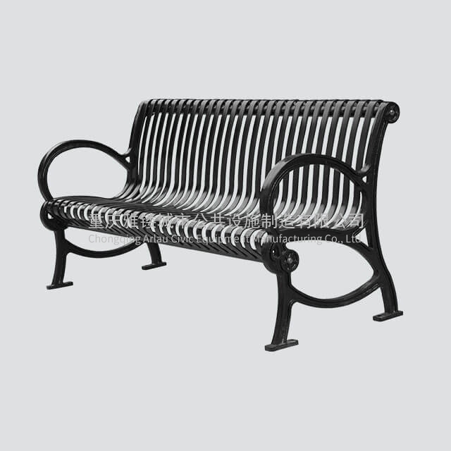 Steel park bench with cast iron legs