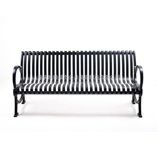 Steel park bench with cast iron legs