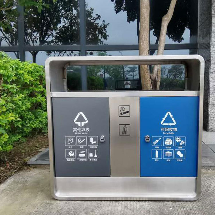 Outdoor steel trash bin with lid