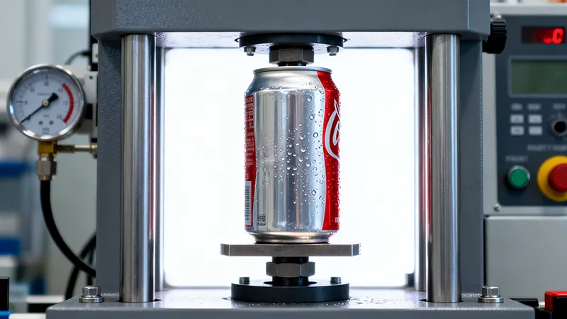Quality inspector using digital micrometer to measure aluminum beverage can wall thickness in factory production line.