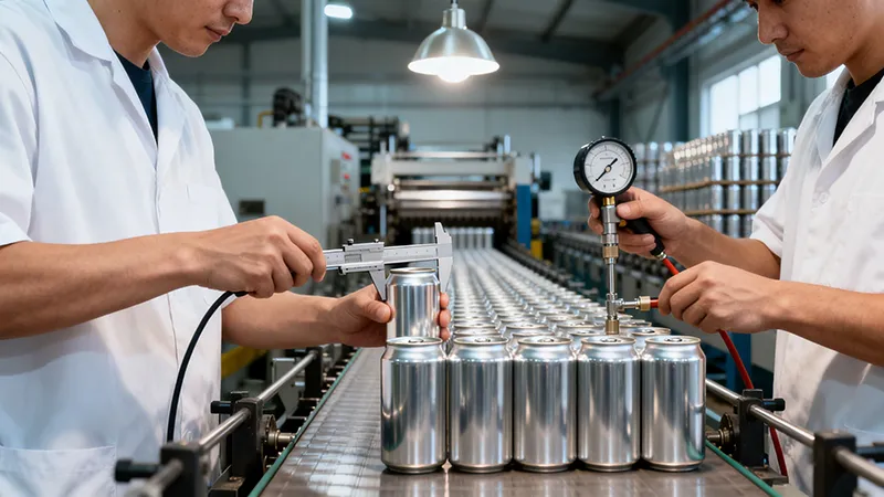 Quality inspection process ensuring aluminum beverage cans meet international packaging standards.
