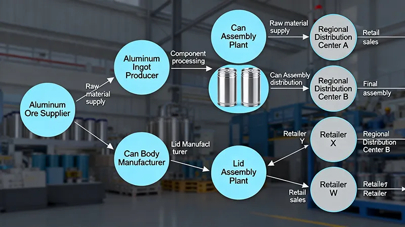 Example of a decentralized beverage can supply chain involving multiple suppliers and manufacturing stages.