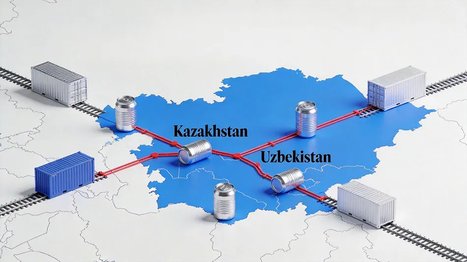 railway shipping route China to Kazakhstan Almaty aluminum cans logistics map