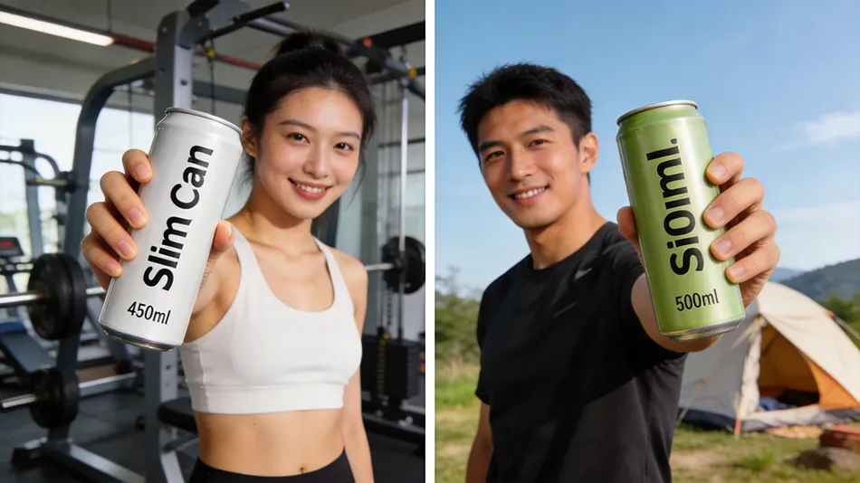 Consumer application scenarios for 450ml energy drink cans and 500ml tallboy cans in fitness and outdoor settings.