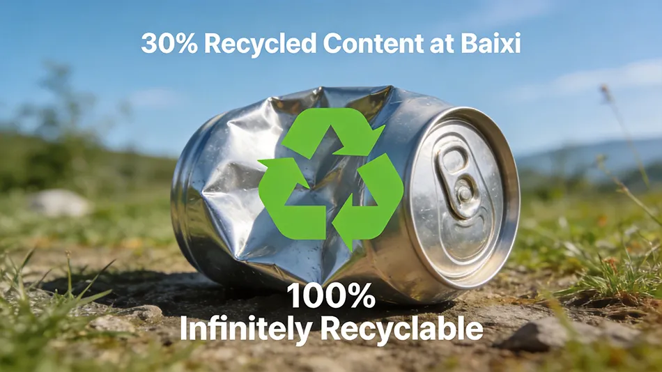 Sustainable aluminum packaging showing 100% recyclability and eco-friendly manufacturing at Baixi Industry.