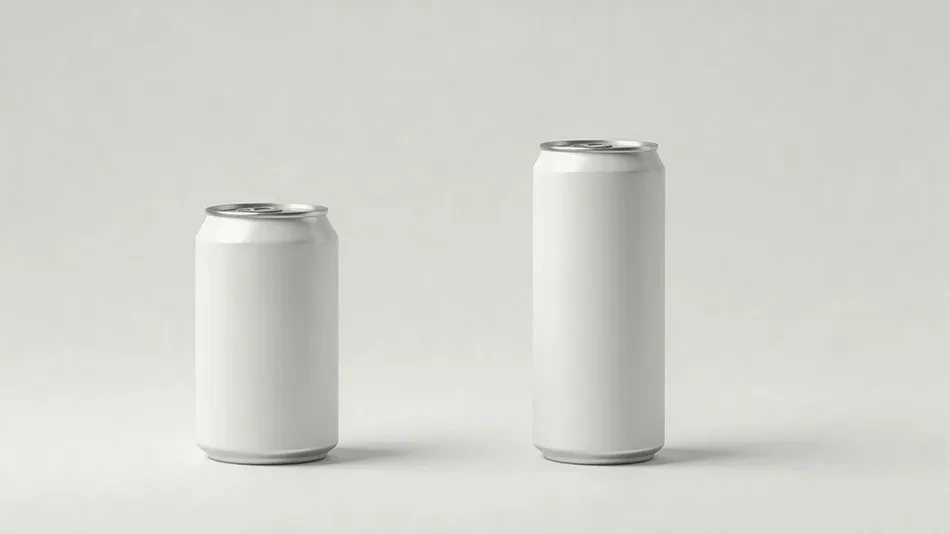 Side-by-side dimension comparison of sleek and standard 330ml beverage cans showing height and diameter differences by Baixi Industry.