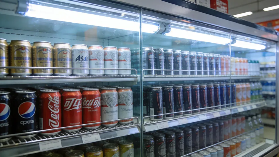 Supermarket shelf display comparing standard 330ml soda cans with modern sleek aluminum cans for energy drinks.
