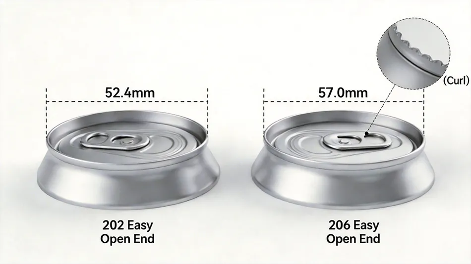 Technical diagram comparing the diameters of 202 (52.4mm) and 206 (57.0mm) SOT aluminum can lids by Baixi Industry.