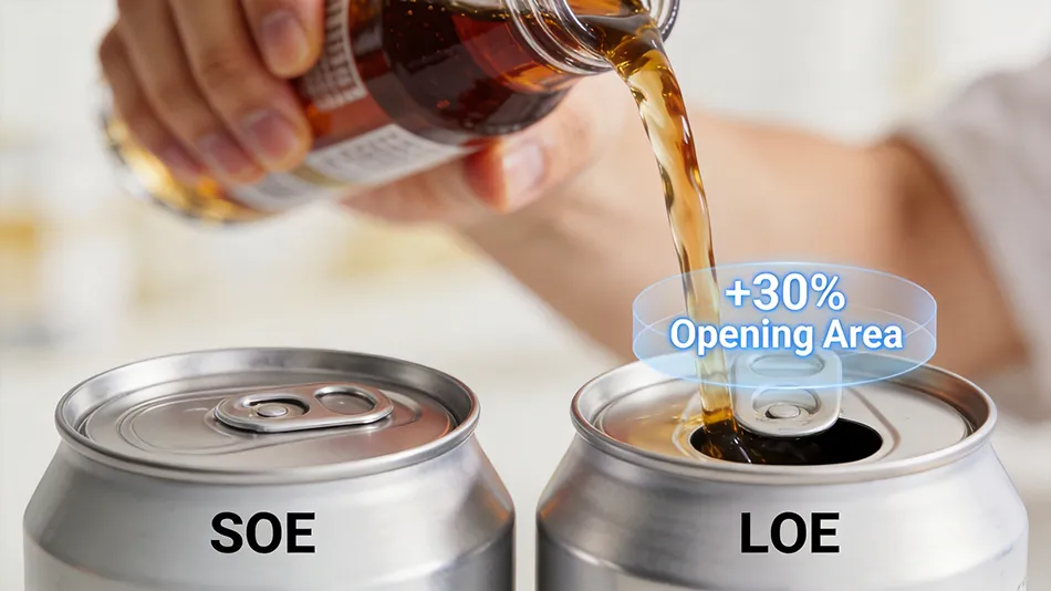 Comparison of Large Opening End (LOE) and Standard Opening End (SOE) on 206 SOT lids for craft beer and soft drinks.