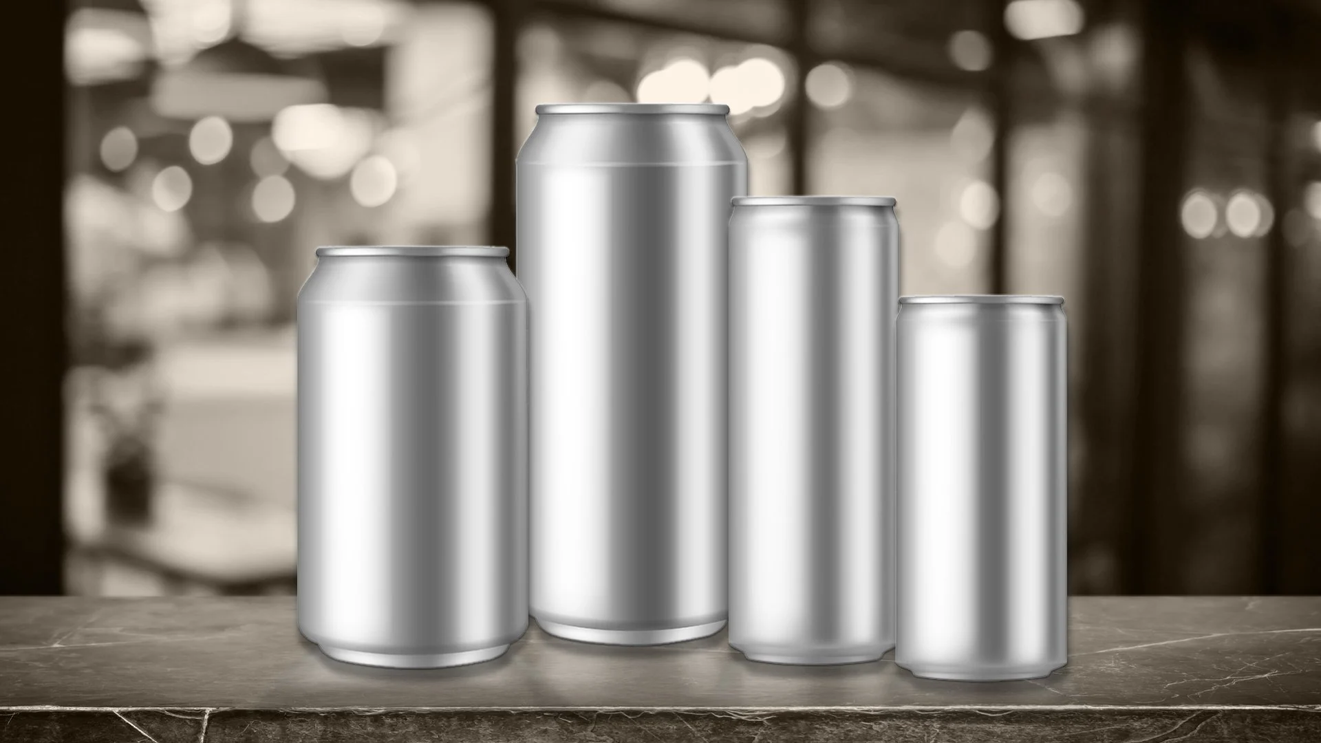 Sustainable aluminum beverage cans in various sizes showcasing lightweight and modern design for eco-friendly packaging