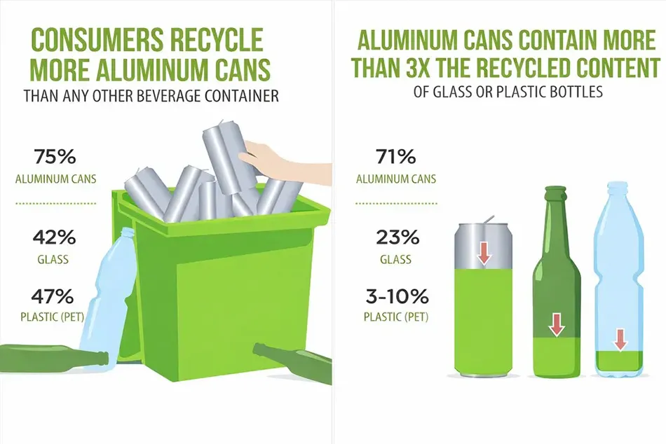 Aluminum cans recycling rate comparison 2026 - 75% for aluminum vs 47% PET plastic and 42% glass, highlighting circular economy advantage