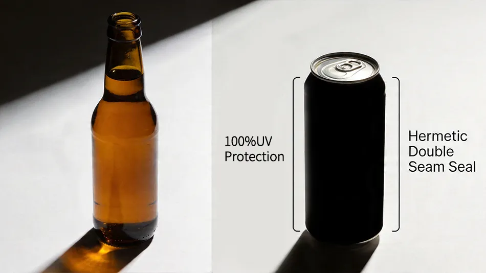 Comparison diagram showing 100% UV light barrier of aluminum cans vs glass bottles to prevent beer skunking.