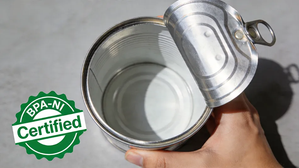 BPA-NI internal coating on aluminum can lids and bodies compliant with 2026 EU food safety regulations.