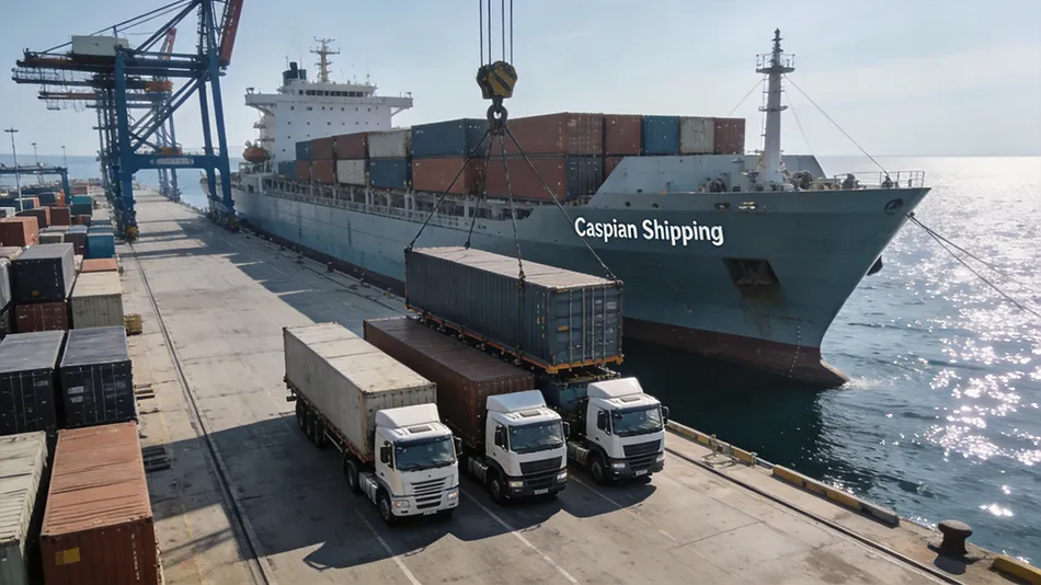 Sea-rail intermodal shipping route for aluminum cans arriving at the Port of Aktau for distribution across Kazakhstan and Uzbekistan.