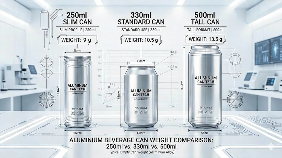 Baixi Can Manufacturing aluminum can portfolio showcasing 250ml slim energy drink format, 330ml standard soda format, and 500ml tall beer can.
