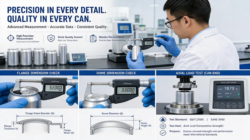Quality control testing of blank aluminum cans for axial load strength and flange tolerance calibration in an FSSC 22000 certified facility.