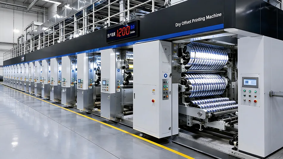 High-speed multi-color traditional lithographic dry offset printing press manufacturing custom decorated beverage cans at scale.