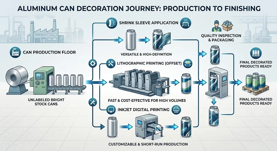 Technical diagram comparing five aluminum can decoration methods from blank bright stock to traditional offset lithography and digital inline printing.