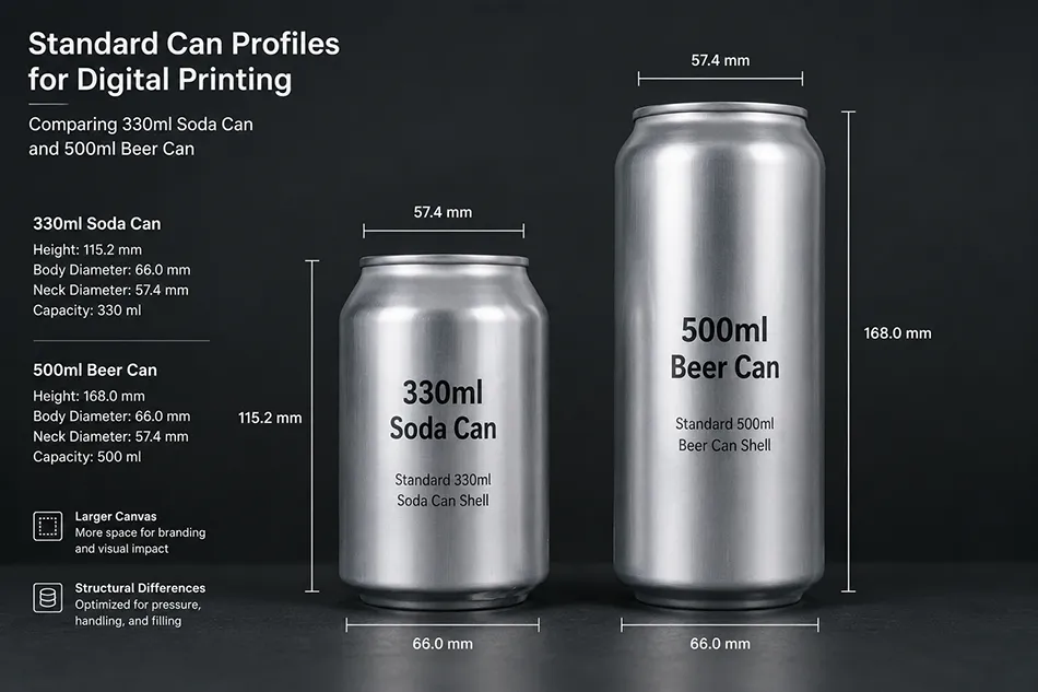 Baixi Can Manufacturing product catalog showcasing precision two-piece 330ml soda cans and 500ml craft beer containers.