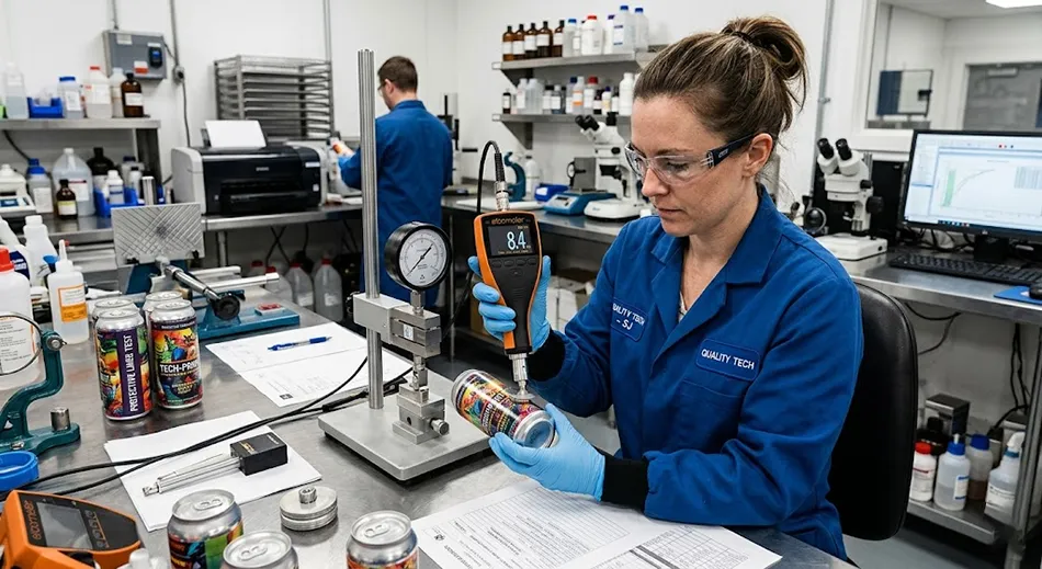 Quality control testing and food-safe lining verification of a custom-printed aluminum can inside an FSSC 22000 certified facility.