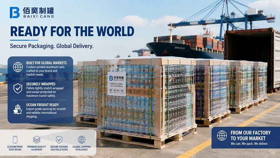 Bulk pallets of custom-printed aluminum containers prepared with secure protective wrapping for international export shipping and customs clearance.