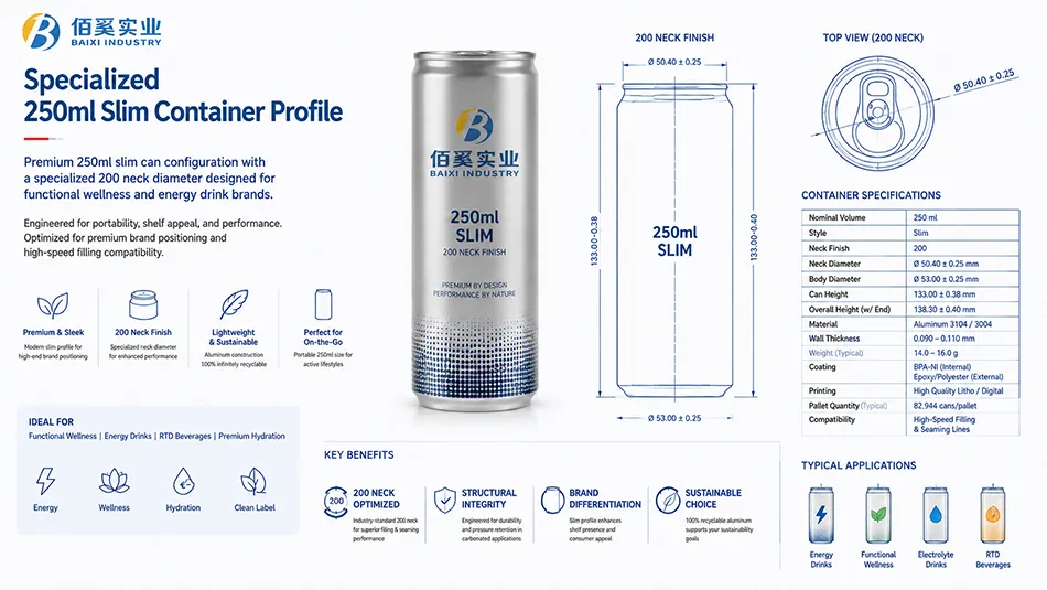 Technical dimensional drawing of a premium 250ml slim can configuration with a 200 neck profile for functional energy and wellness drinks.