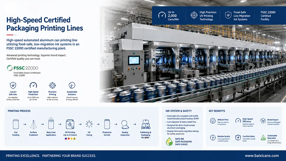 High-speed automated aluminum can printing line utilizing food-safe, low-migration ink systems in an FSSC 22000 certified manufacturing plant.