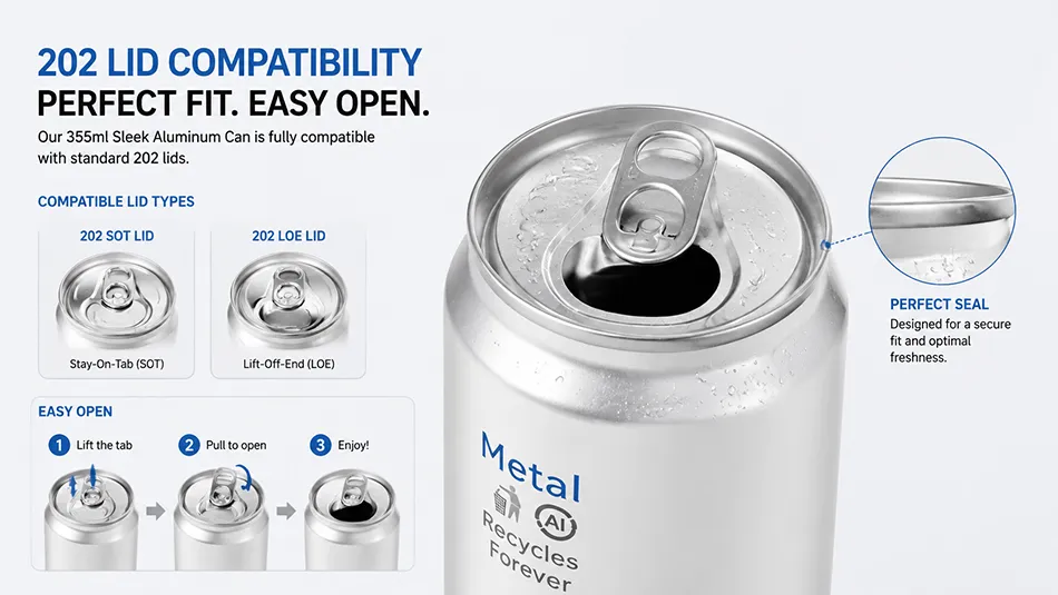 355ml sleek aluminum can with 202 easy open lid