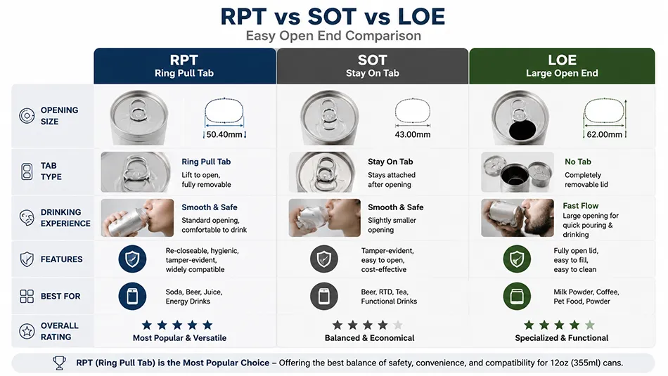 202 RPT vs SOT vs LOE aluminum can lid comparison