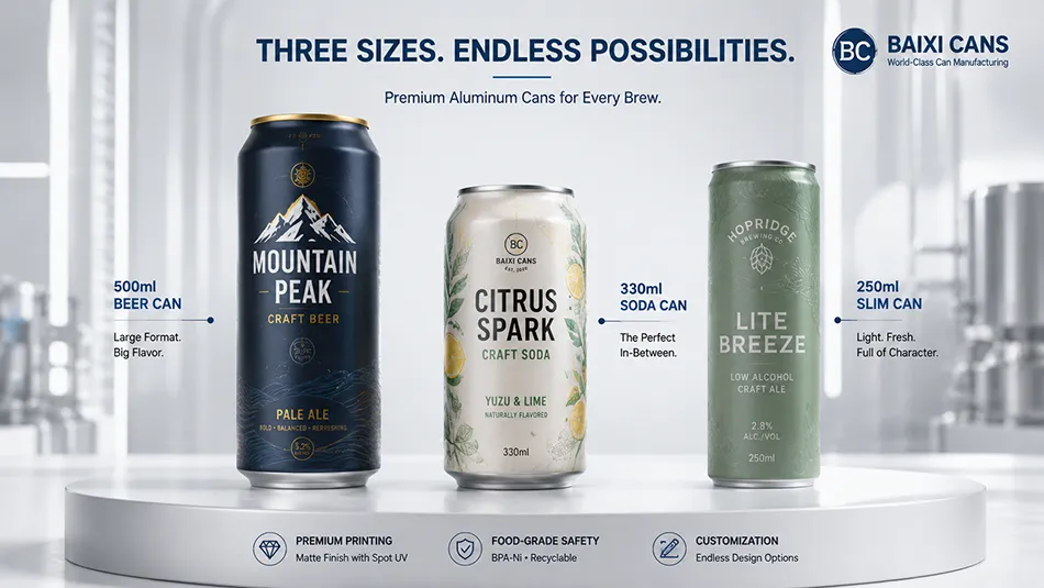 A premium showcase of 500ml beer can, 330ml soda can, and 250ml slim can configurations with advanced matte finishes manufactured by Baixi Cans.