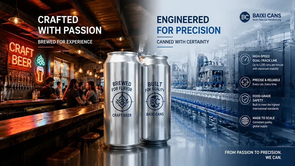 Modern automated aluminum can production line transitioning into a craft beer brewery taproom, representing supply chain certainty by Baixi Cans.
