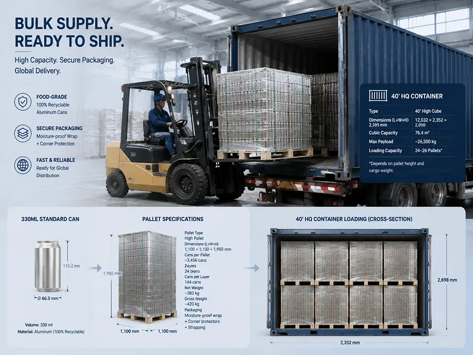 Heavy-duty pallet packaging with moisture-proof wrapping for global export of empty aluminum cans, ensuring maritime shipping logistics security.